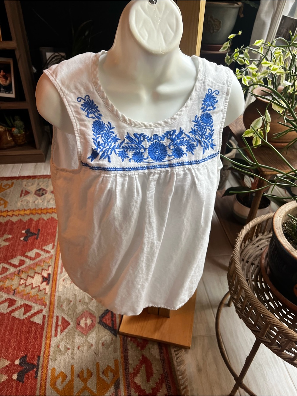 J. Crew White Sleeveless Camisole with Blue Embroidered Yoke